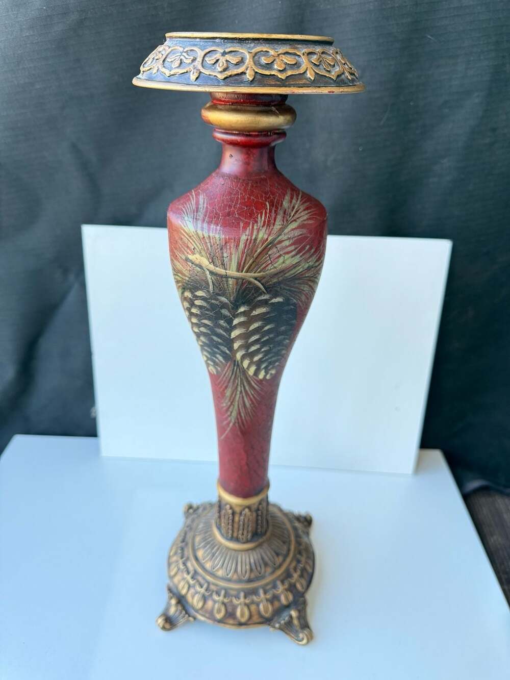Cambria Cinnabar Decorative Candleholder with Pinecone Motif